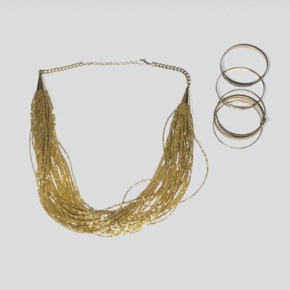 Vintage Coords Multi-Strand Beaded Necklace & Bangle Bracelets Set Gold-Tone OS - Picture 1 of 3